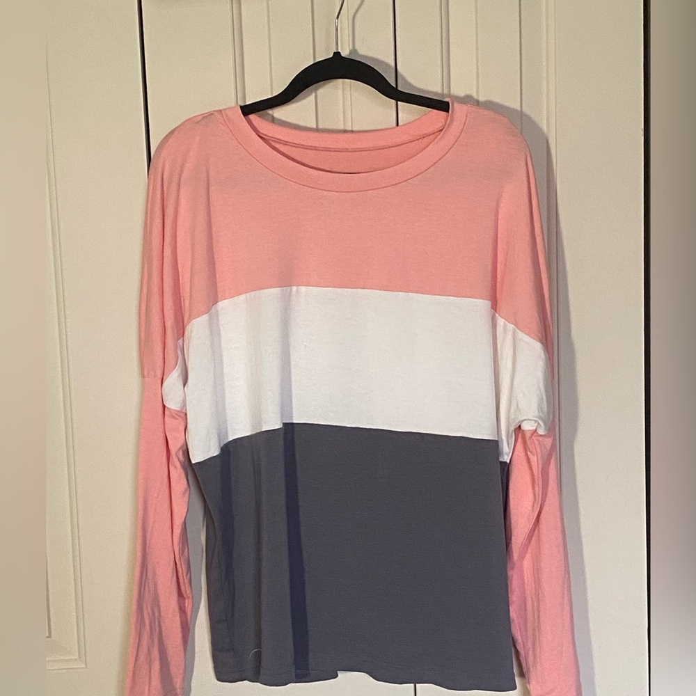 Trendy Colorblock Long Sleeve Top - Pink, White, and Gray